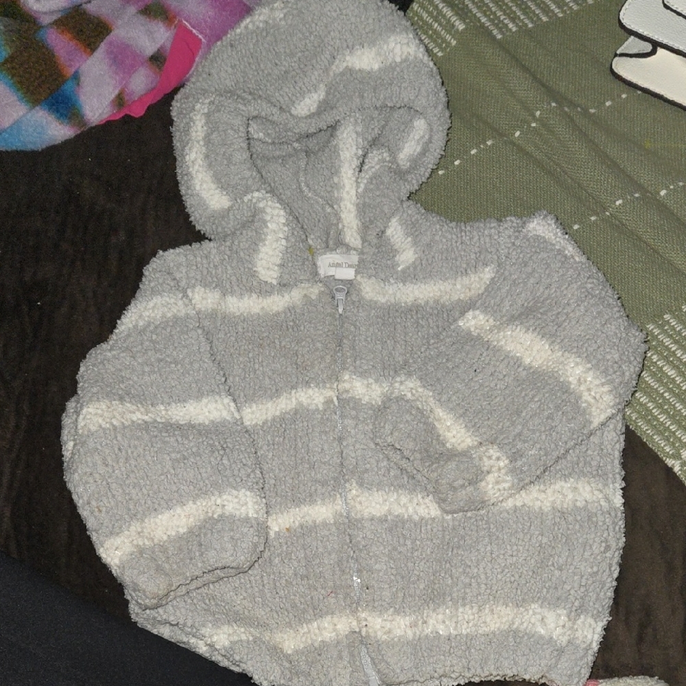Angel Dear Soft Cream Jacket Chenille Hoodie - Grey & Ivory Stripe